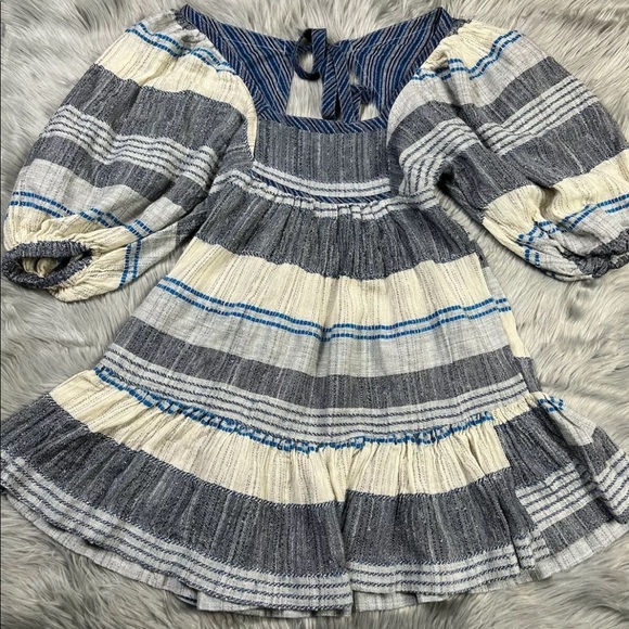 Free People All Lined Up Blue Multi Striped Puff Sleeve Mini Dress XS - Picture 2 of 12